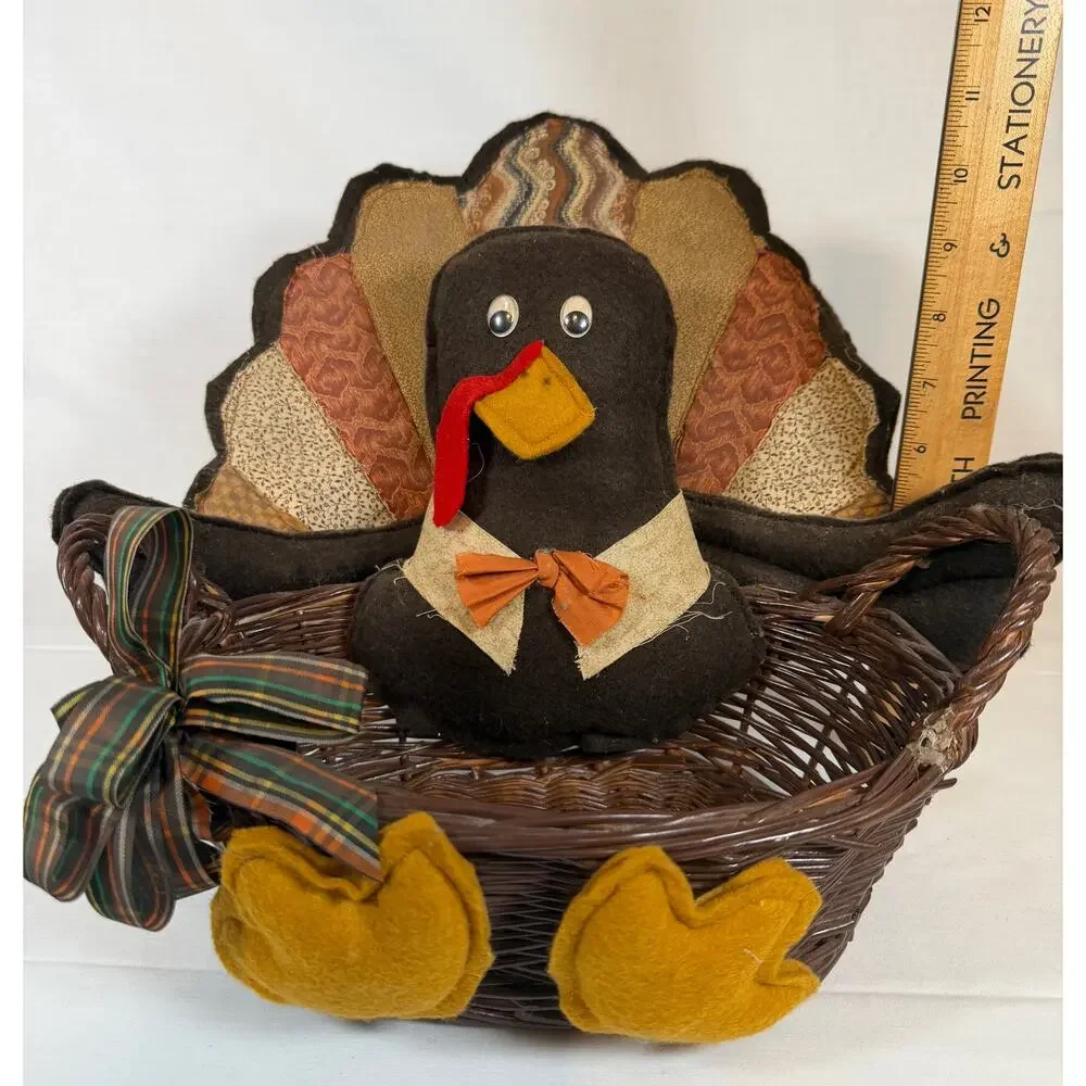 Vintage Handmade Turkey Basket Thanksgiving Decor Primitive Turkey Wicker Basket
